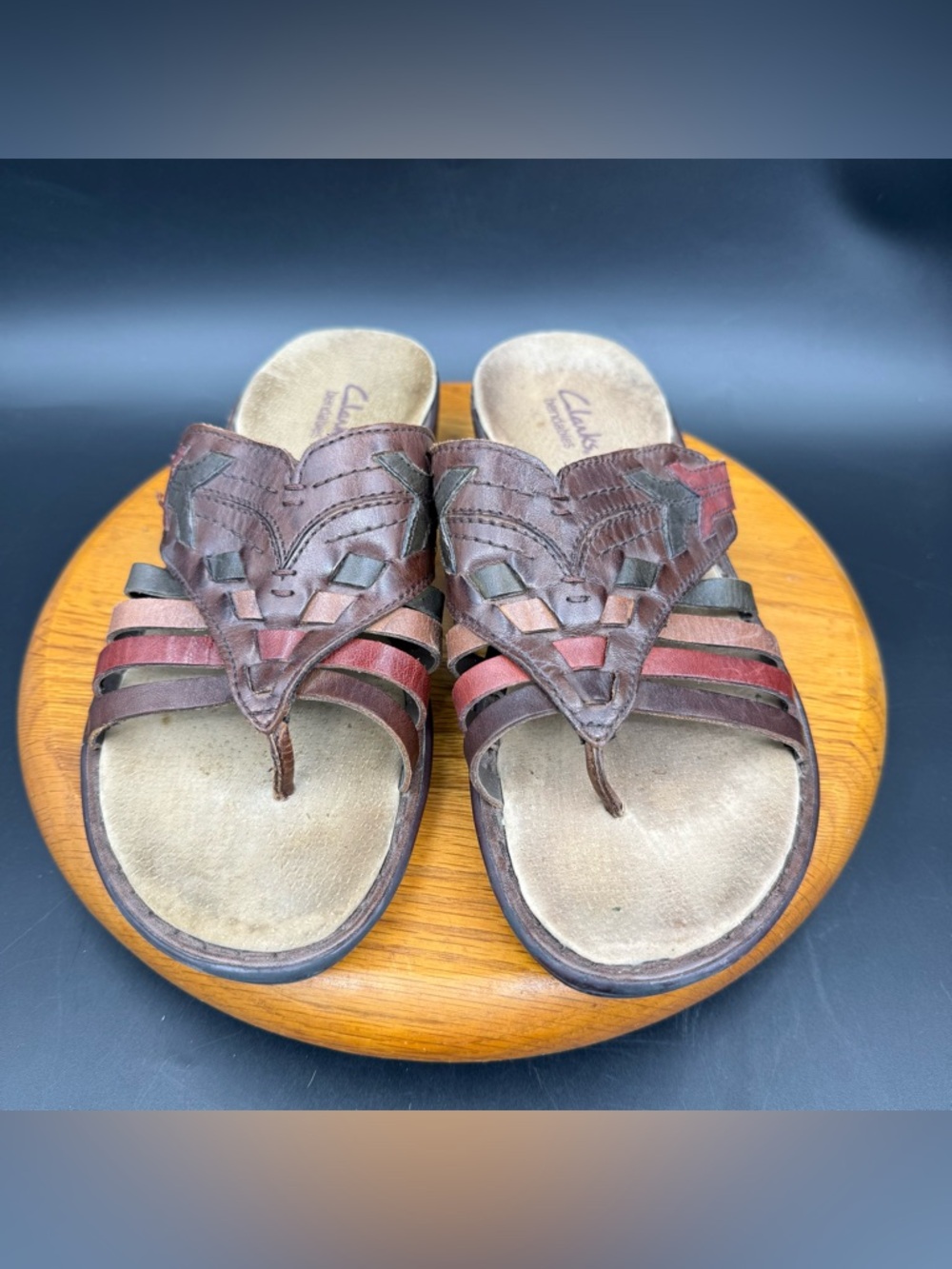 Clarks Bendables Brown and Red Leather Woven Toe-Post Sandals